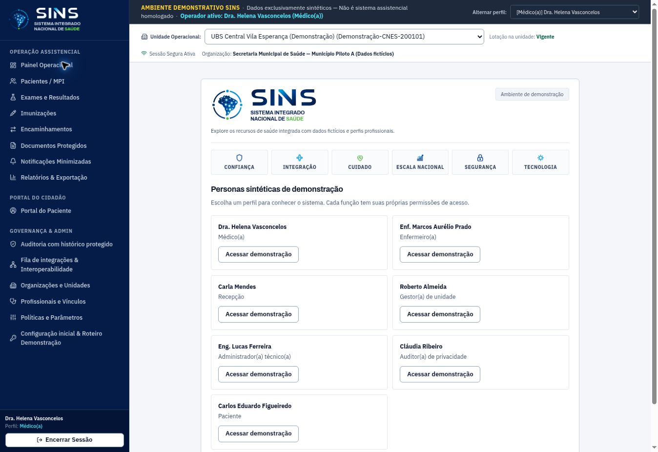 Perfis de demonstração, tela relacionada a Portal do paciente. Dados fictícios.