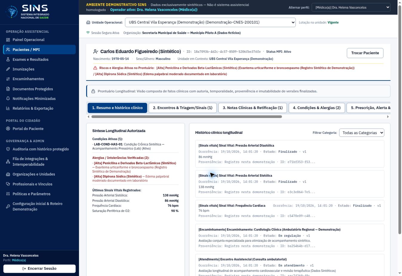 Prontuário longitudinal, tela relacionada a Exames e documentos. Dados fictícios.